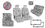 12-Piece Animal Print Automotive Interior Gift Set - 2 Universal-Fit Zebra Black and White Low Back Front Bucket Seat with Separate Headrest, 2 Zebra Black and White Plastic License Plate Frame, 1 Zebra Black and White Steering Wheel Cover, 2 Zebra Black and White Shoulder Belt Pads, 4 Universal-Fit Zebra Black and White Carpet Floor Mats for Cars / Truck and 1 Universal-Fit Zebra Black and White Bench Seat Cover