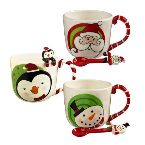 Grasslands Road Holiday Studio 100 Ceramic Snowman Santa Penguin Mugs with Character Spoons, Set of 6