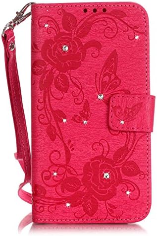 iPhone 7 Wallet Case,QFJ [ Wrist Strap ] Embossed [ Spot drilling ] Premium PU Leather Wallet [ Card Slots ] Flip Stand Case Cover for Apple iPhone 7 (4.7 inch) 2016 (Rose)