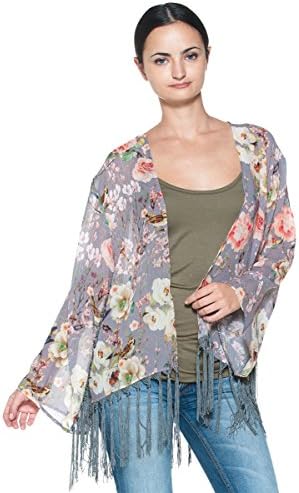 Women's Sheer Chiffon Bird Japanese Flower Pattern Fringe Kimono Jacket Blouse (Medium)