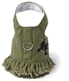 Doggles Dog Harness Jean Dress Fringe with Skull, Green, Small