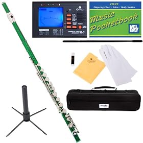 Mendini MFE-GN Key of C Green Flute + Case, Tuner, Stand, Cleaning Rod & Cloth, Joint Grease, & a Pair of Gloves