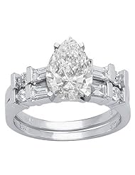 1.28 Carat Pear Cut / Shape GIA Certified 14K White Gold Channel Set Baguette And Round Diamond Wedding Set ( K Color , VS2 Clarity )