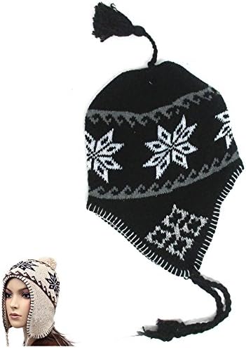 Peruvian Beanie Knit Winter Warm Hat Snowboard Ski Cap Earflap Men Women Black