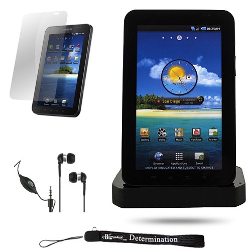 Black Charging Station Dock with LED Indicator / Cradle Stand for New Samsung Galaxy Tab Tablet Device + Includes a Durable Screen Protector + Includes a Crystal Clear High Quality HD Noise Filter Ear Buds