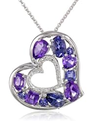 Sterling Silver, Amethyst, and Iolite Diamond-Accented Heart Pendant Necklace, 18"