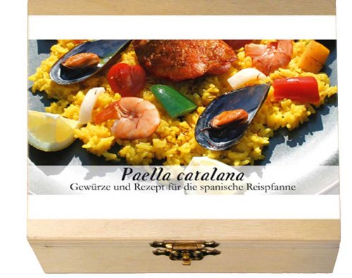 Gaumenfreude - PAELLA CATALANA Gewürze und Rezept für die spanische Reispfanne. 8 Gewürze befinden sich in einem dekorativen Holzkasten -- Beinhaltet die Geschichte des Gerichtes, eine Inhaltsbeschreibung der Gewürze, das Originalrezept und eine Einkaufliste. Ein ideales Geschenk für Kochkünstler & Hobbyköche, solche, die es werden wollen und alle, die neugierig auf fremde Welten sind. Maße: 11,4 x 9,5 cm, 3,4 cm hoch