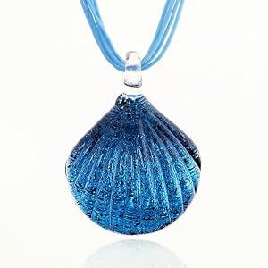 Ocean Blue Hand Blown Sea Shell Shaped Glass Pendant Necklace