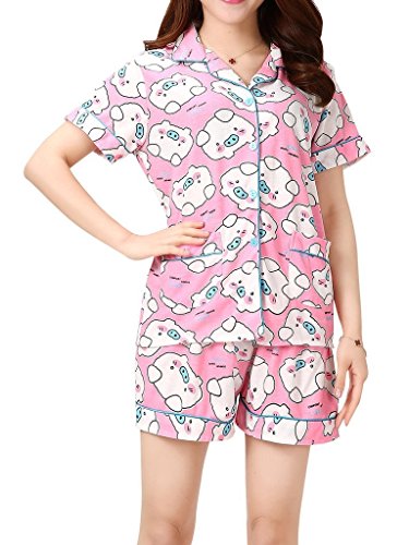 VENTELAN Women's Lovely Pigs Printed Sleepwear Lapel Cardigan Shorts Pajama Sets