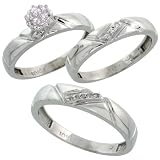10k White Gold Diamond Trio Engagement Wedding Ring Set for Him and Her 3-piece 4.5 mm & 4 mm wide 0.10 cttw Brilliant Cut, ladies sizes 5 - 10, mens sizes 8 - 14