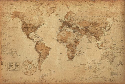 home and garden decor:Antique Style World Map - Poster (Size: 36 x 24) Poster Print, 36x24