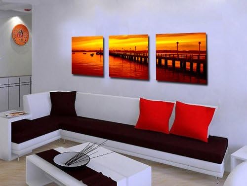 Espritte Art-Large Pier in Sunset Painting on Canvas Print without Framed, Modern Home Decorations Wall Art set of 3 Each is 50*50cm #D12-384