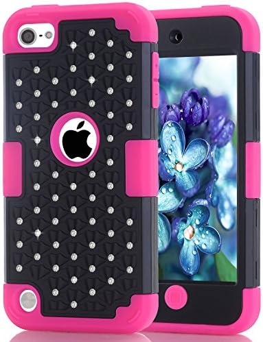 iPod Touch 5 Touch 6 Case,Durable 3in1 PC+Silicone Design Bumper Slim Crystal Bling Hybrid Armor Case fit for iPod Touch 5 Touch 6 Generation (Black/Rose)