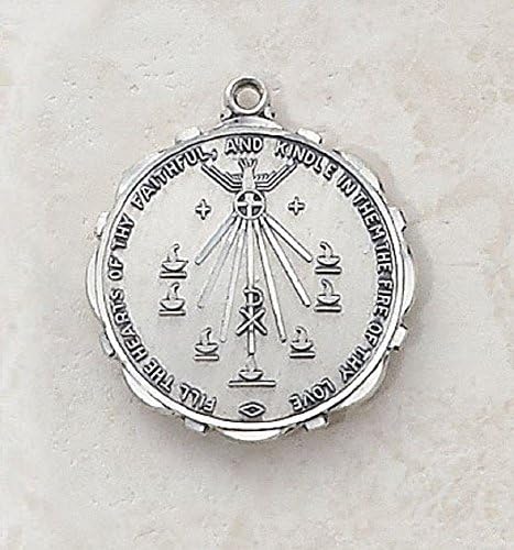 Sterling Holy Spirit Patron Saint Medal. -- Sterling Silver -- 7⁄8" Dia, 24" L Chain