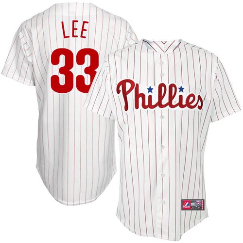 MLB Youth Philadelphia Phillies Cliff Lee White/Scarlet Pinstrp Short Sleeve 6 Button Synthetic Replica Baseball Jersey Fall 2011  (White/Scarlet Pinstrp, Small)
