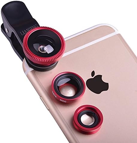 LIANSING Universal 3 in 1 Clip-On Cell Phone Camera Lens Kit, 180 Degree Supreme Fisheye Lens + 0.67X Wide Angle Lens + 10X Macro Lens for iPhone 6 6s Plus Samsung Galaxy and Other Smartphones Red