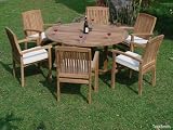New 7 Pc Teak Dining Set - 60 Round Table And 6 Stacking Arm Chairs