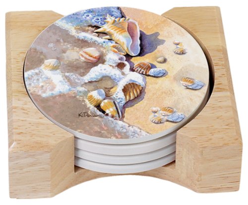 CounterArt Beach Shells Design Round Absorbent Coasters in Wooden Holder, Set of 4