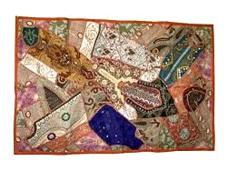 Moti Sari Orange Beaded India Tapestry Throw Wall Hanging