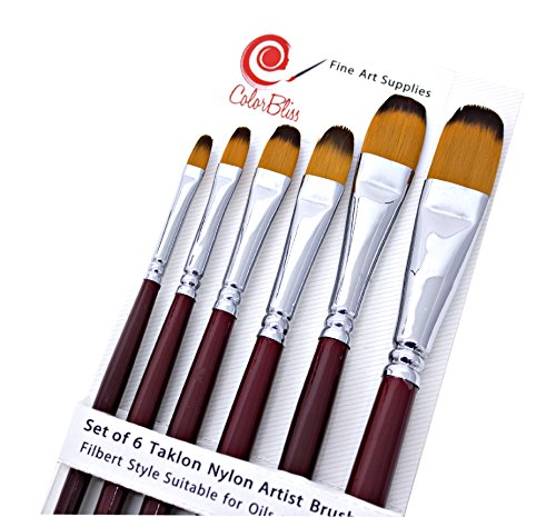 ColorBliss-Quality Artist Paint Brushes-Set of 6-Filbert Golden Nylon Bristles-Create with Oils-Acrylic painting media-Watercolors-Gouache-Face Painting-Art Students-Long Handled-Durable