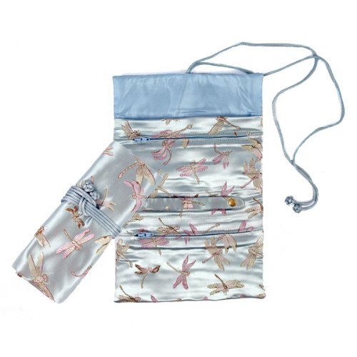 Brocade Jewelry Roll - Light Blue Dragonfly
