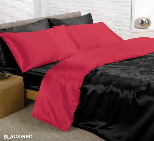 Viceroybedding 6pc Satin Duvet Cover Bed Set, Double, Reversible Black/ Red