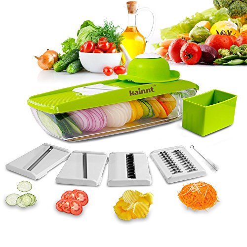 Mandoline Slicer Kainnt Adjustable Mandoline with 5 Thickness Settings Interchangeable Stainless Steel Blades -Vegetable Peeler Slicer, 5 Blades, Food Container, Safety Food Holder Mandoline Slicer Kainnt Adjustable Mandoline with 5 Thickness Settings Interchangeable Stainless Steel Blades -Vegetable Peeler Slicer, 5 Blades, Food Container, Safety Food Holder