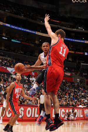 New Jersey Nets v Los Angeles Clippers: Eric Gordon and Brook Lopez Photographic Poster Print by Noah Graham, 12x18