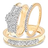 1 CT. T.W. Round Cut Diamond Wedding Band Set 14K Yellow Gold Three Ring - Ladies Engagement Ring, Wedding Band & Mens Wedding Band - Free Gift Box -