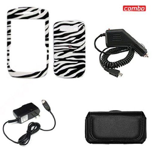 Blackberry Curve 8900 Javelin Combo Design Black/White Zebra Protective Case Faceplate Cover + Black Horizontal Leather Pouch + Rapid Car Charger + Home Wall Charger for Blackberry Curve 8900 Javelin