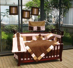 12 PIECE BABY GIRL CRIB BEDDING SET PINK & BROWN SUEDE product image