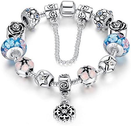 Fun Charm Jewelry Blue Glass Beads Clover Dangle Snake Chain Silver Plated Fit Pandora Charm Bracelet 20CM