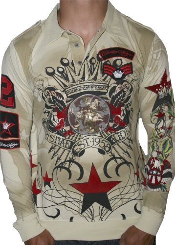 CHRISTAIN AUDIGIER Ed Hardy Mens Tattoo Crown Logo Star Long Sleeve Polo Shirt Tan