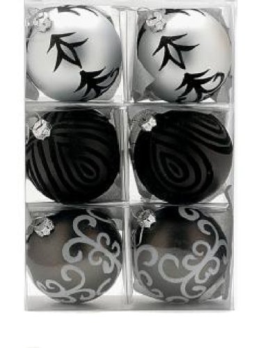 Festive Decorated Silver and Black Baubles Seamless Shatterproof, 6 X 60 mm