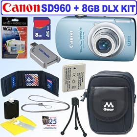 Canon PowerShot SD960IS 12.1 MP Digital Camera (Light Blue) + 8GB Deluxe Accessory Kit