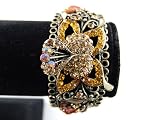 Antique Inspired Topaz Amber Rhinestone Butterfly Floral Cuff Bracelet Bangle