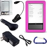 Premium Barnes and Nobles Nook eBook Reader Bundle Pack: High Grade Hot Pink Silicone Skin Gel Cover Case, eBook Bright LED Light, USB Data Charging Cable, USB Car Charger, USB Wall/Travel Charger, and Free Carabiner Key Chain