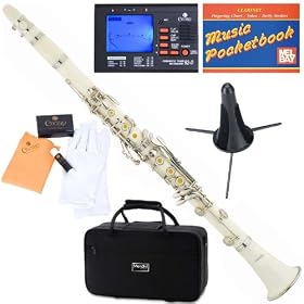Mendini MCT-W B Flat White ABS Clarinet w/ Case, Tuner, Stand, Mouthpiece, Box of 10 Reeds, Cork Grease, & a Pair of Gloves