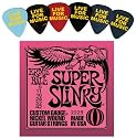 Ernie Ball 2223 Super Slinky Electric Guitar Strings w/ Bonus 6 Pack of LIVE FOR MUSIC Celluloid Picks - Medium