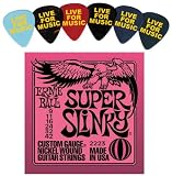 Ernie Ball 2223 Super Slinky Electric Guitar Strings w/ Bonus 6 Pack of LIVE FOR MUSIC Celluloid Picks - Thin