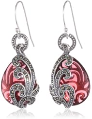 Sterling Silver Oxidized Marcasite and Garnet Colored Glass Textured Teardrop Wire Dangle Earrings