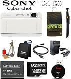 Sony DSC-TX66 Digital Camera (White) + Battery + 16GB Card + Travel Charger + Cleaning kit + Mini Tripod + Case + Card Reader