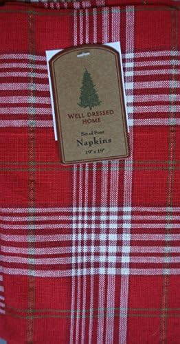 Well Dressed Home Set of 4 Fabric Cotton Napkins Christmas Holidays Plaid Pattern White Stripes on Red with Thin Green Stripe Highlights Adirondack 19 Inches by 19 Inches
