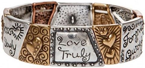 Multi-metal Engraved Hearts and Forgive Quickly, Kiss Slowly, Love Truly Stretch Bracelet
