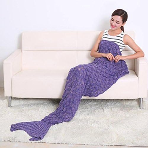 Mermaid Tail Blanket Knit Crochet with Scale OKAYSHOP for Adult Super Soft Mermaid Blanket Bedroom Sofa Warm Sleeping Bags(71"x 35") (Scales-Purple)
