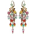 Michal Negrin Exclusive Chandelier Earrings Embellished with Hand Painted Flowers, Dangle Glass Beads, Multicolor Swarovski Crystals
