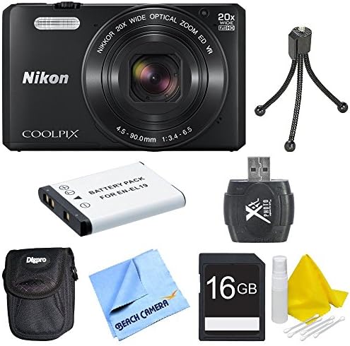 Nikon COOLPIX S7000 16MP 1080p HD Video Digital Camera with extra battery, compact carrying case, card reader, 16gb memory card, mini tripod, lens cleaning kit, and micro fiber cloth