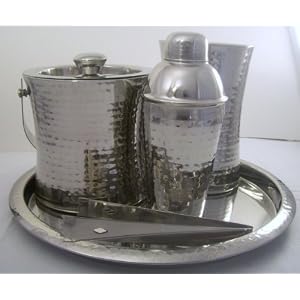 5 Pc. Towle Stainless Steel Hammer Sculpted Bar Set, Ice Bucket, Wine Cooler, Cocktail... by Towle