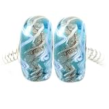 Two Aqua Blue and Gold Swirl Murano Beads, Single Core Lampwork Beads, Compatible with Pandora, Biagi, Troll, European Bracelets