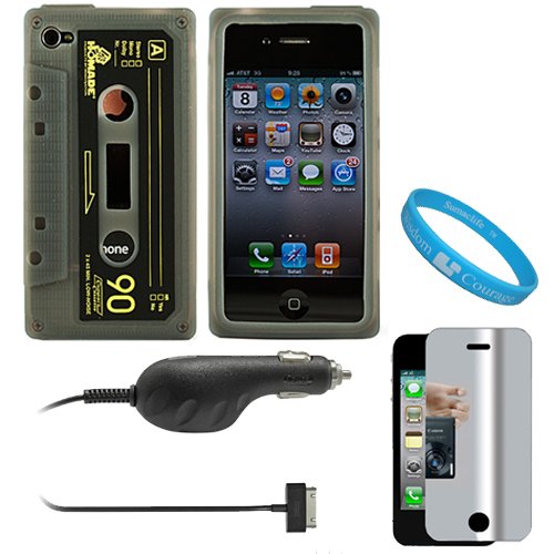 Best Price Smoke Cassette Tape Design Protective Rubberized Silicone Skin Cover Case for Verizon Wireless Apple iPhone 4S 4th Generation 16GB 32GB and AT&T iPhone 4 + Mirror Screen Protector for Apple iPhone 4 LCD Display Screen + Apple Licensed Cellet Premium Plug in Car Charger with Blue LED For Apple iPhone 4, 3GS, 3G, iPod Touch, & Nano + SumacLife TM Wisdom Courage Wristband